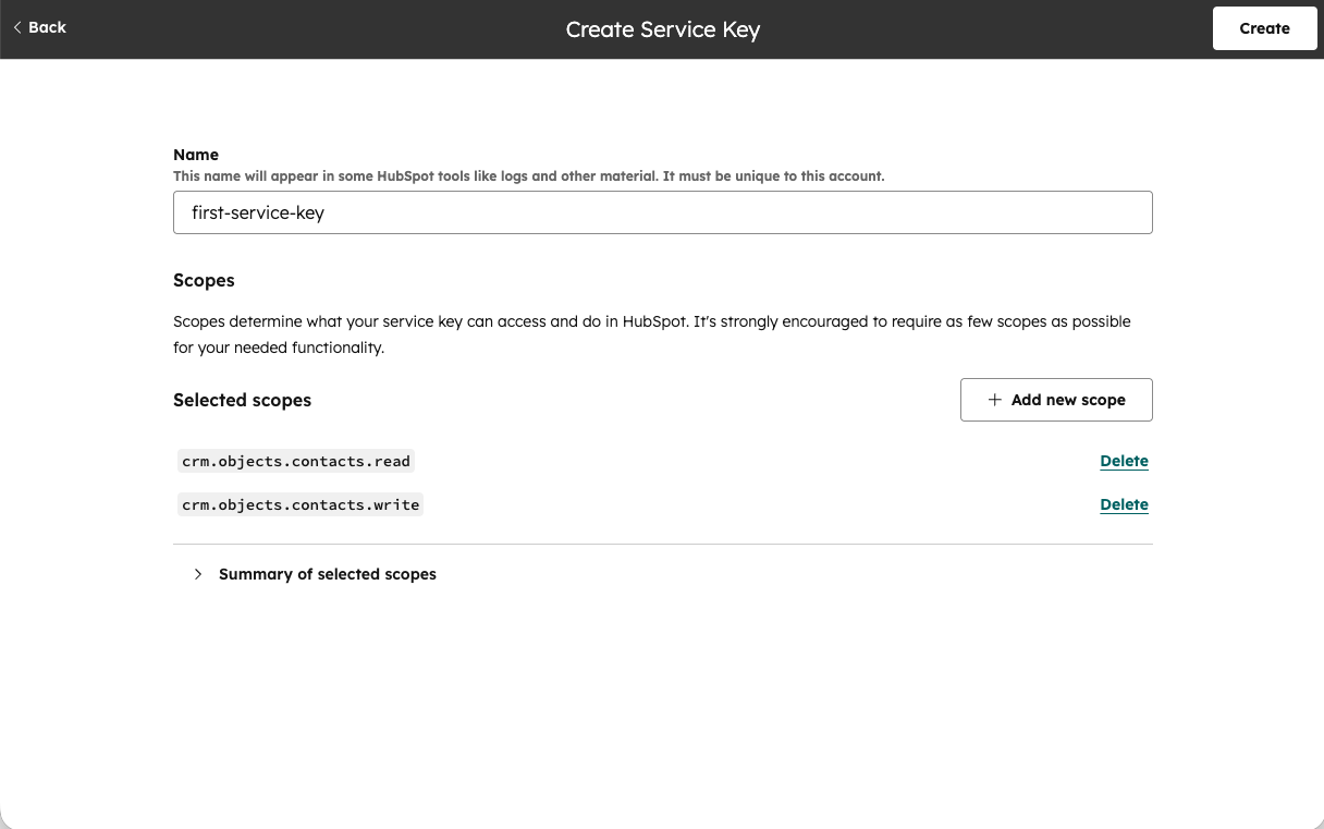 The Create Service Key form with name and scopes fields